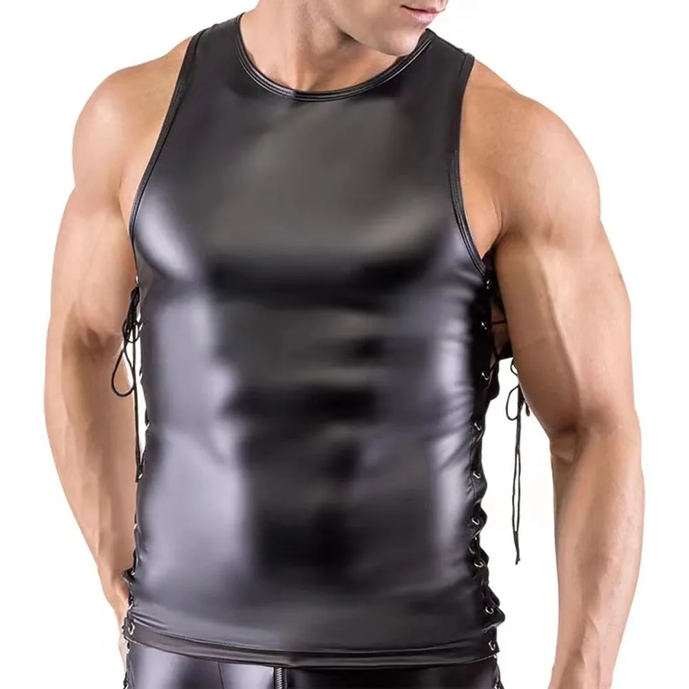 

Men Sleeveless Tank Top Undershirt Vest in Lacquer Leather Wet Look with Spandex Material Suitable for Performance or Casual