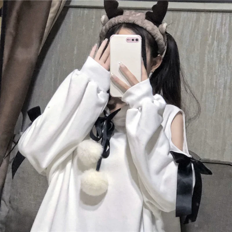 HOUZHOU Kawaii Hoodies Off Shoulder Harajuku Women Sweatshirt White Japanese Style Long Sleeve Top Spring Autumn Sweet Pullovers