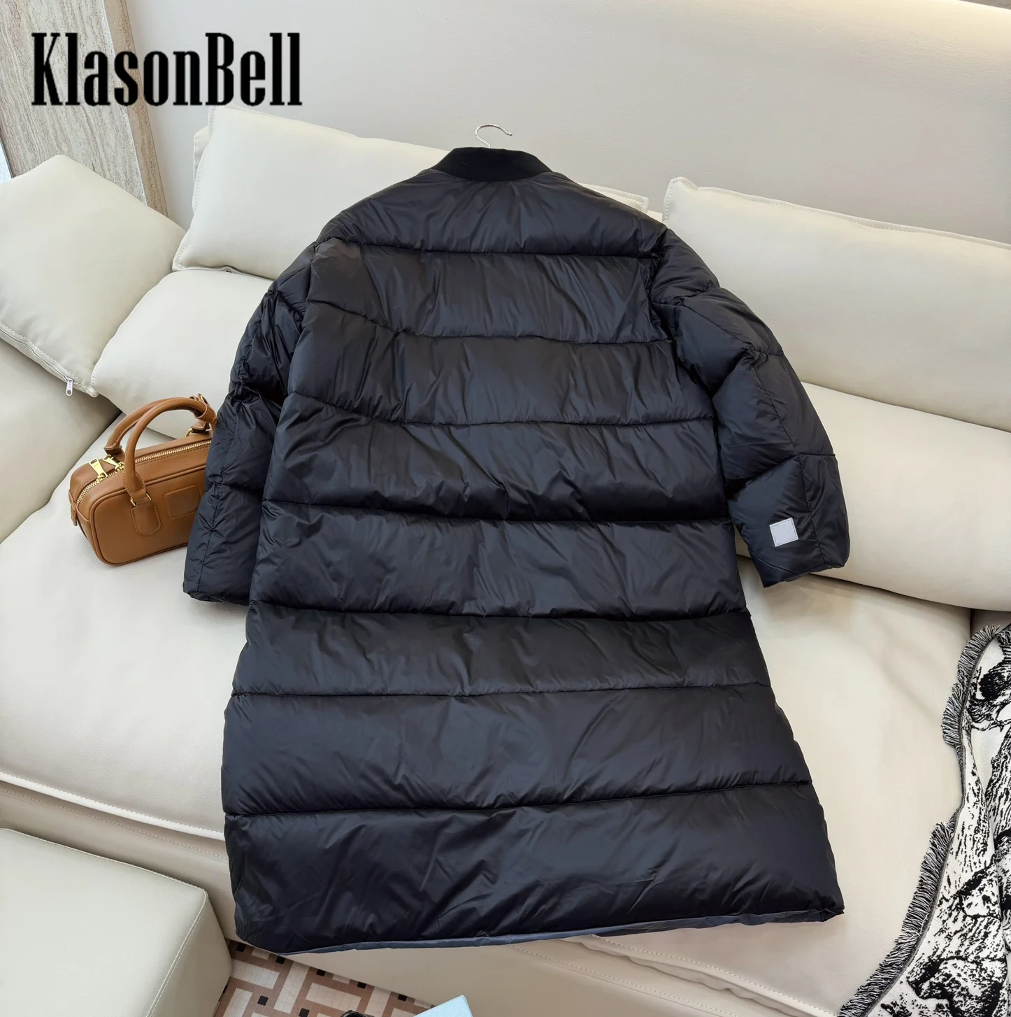 9.5 KlasonBell Women New Solid Loose Long White Goose Down Outerwear Revrsible Wear Double Zipper Keep Warm Lingth Down Jacket