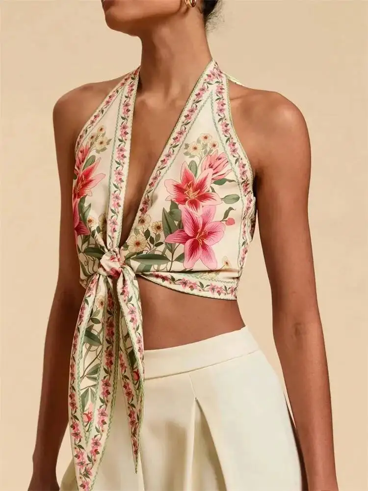 Sexy nó frente halter colheita para mulheres verão sem mangas gráfico floral impresso decote em v sem costas regata y k roupas