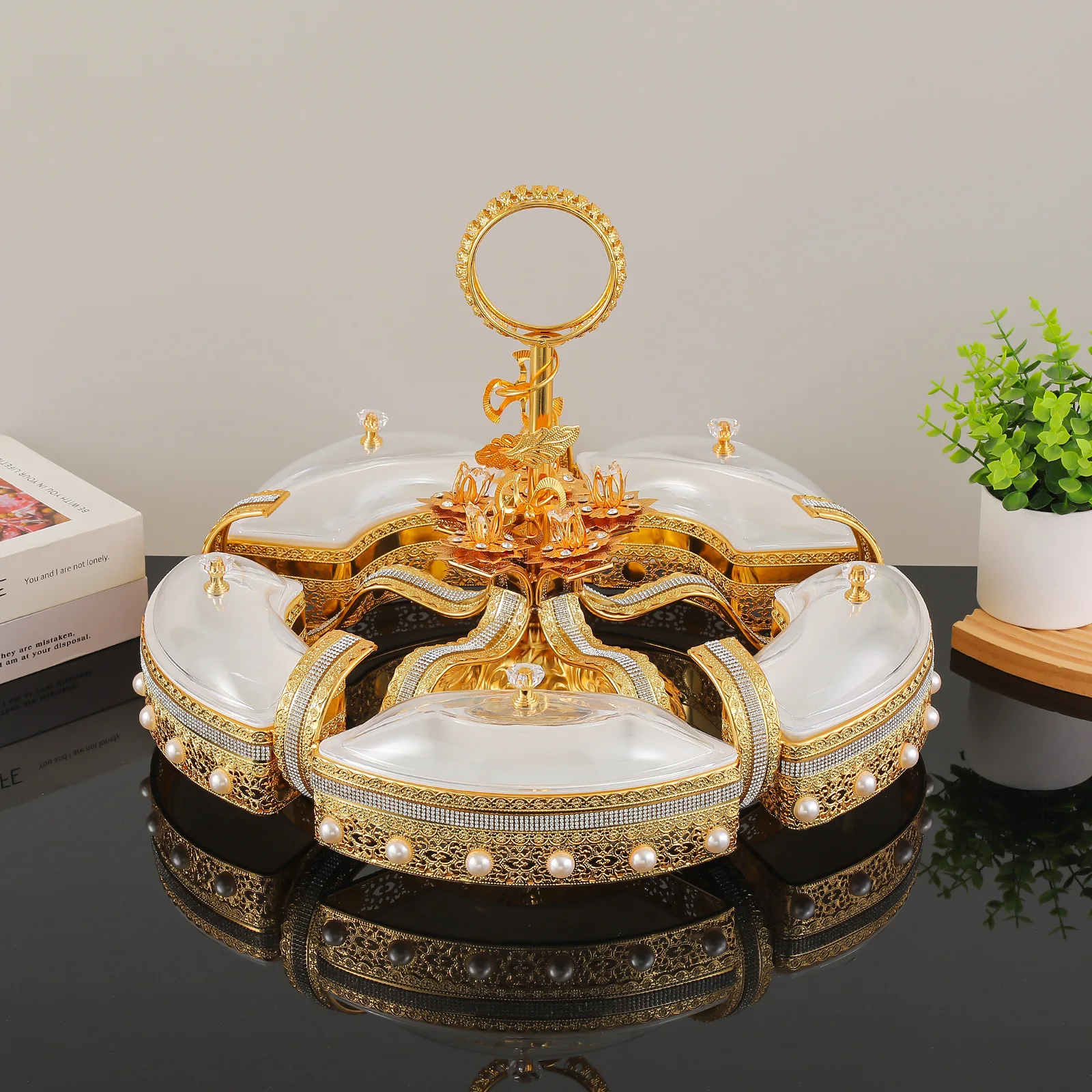 New wrought iron acrylic five-grid fruit plate creative living room snack plate fruit plate with lid dried fruit platter