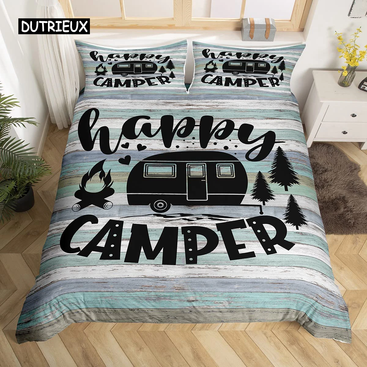 Rustic Farmhouse Style Duvet Cover Old Barn Door Comforter Cover Polyester Happy Camper Print Black Sketch Drawing Quilt Cover