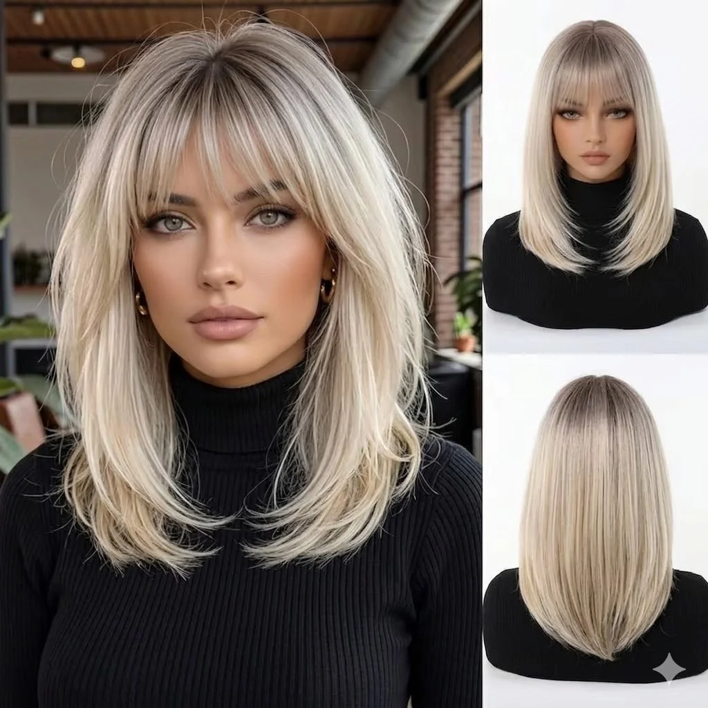 

Dark Root Ombre Blonde Layered Bob Synthetic Wig with Fringe Bangs Women Daily Hair Wig