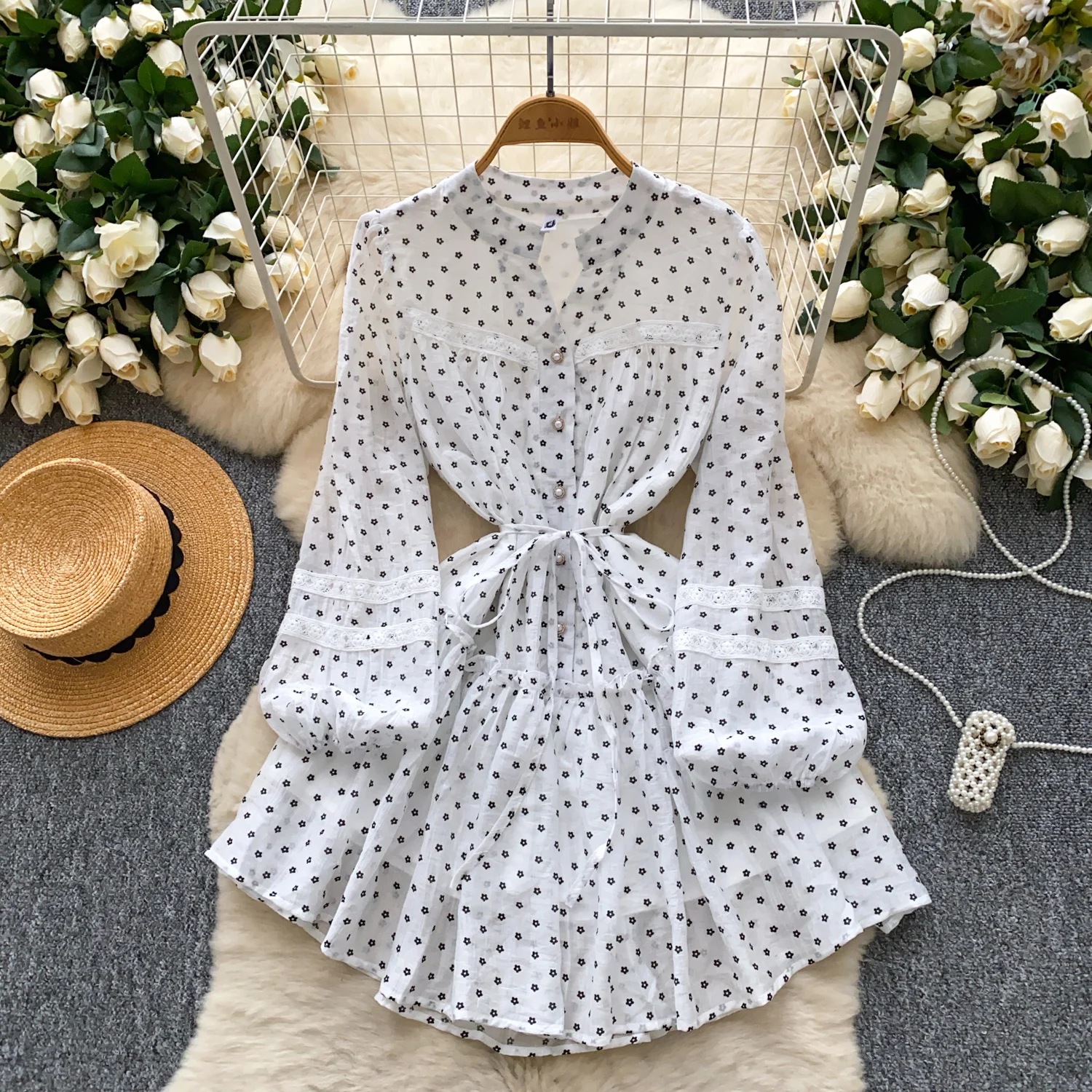 Mini abito vintage chic con scollo a V increspato a pois sottile elegante fata moda coreana Boho abbigliamento donna