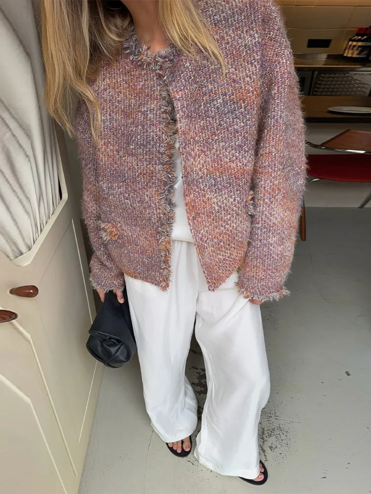 Multicolor Tweed Crew Neck Fringe Trim Long Sleeve Cropped Jacket Women Loose Autumn 2026 Casual Chic Coat