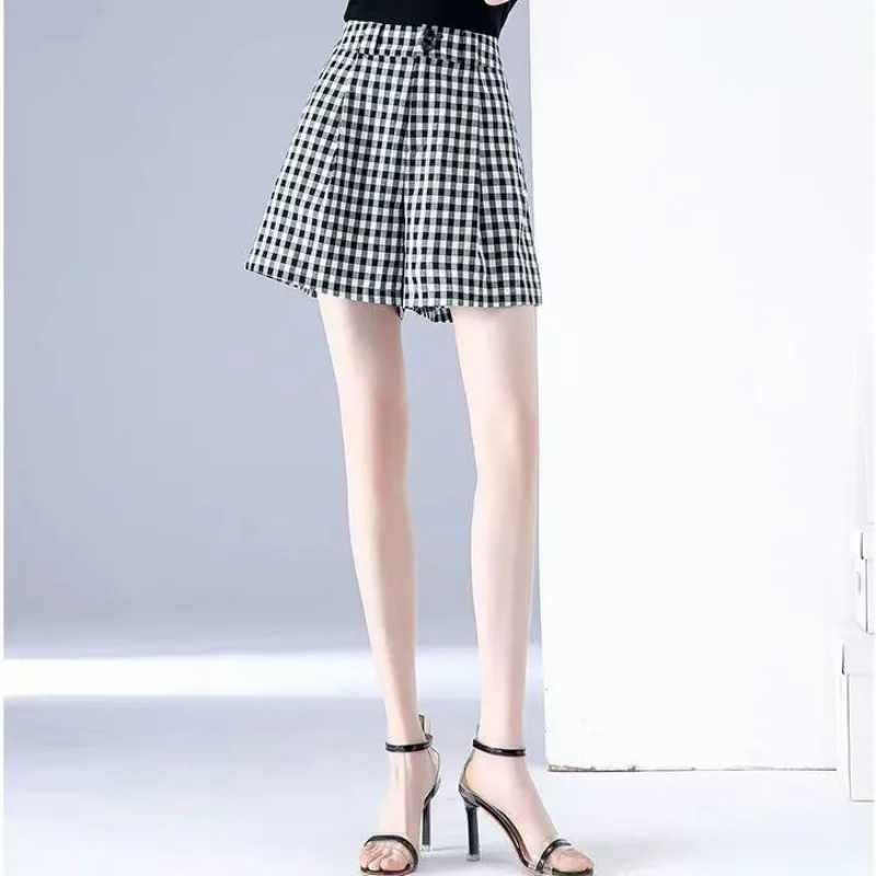 Plaid Checkered Shorts Women's High Waist Summer Thin Women Wearing Three-quarter Pants Small A Word Wide Leg Pants Comfortable