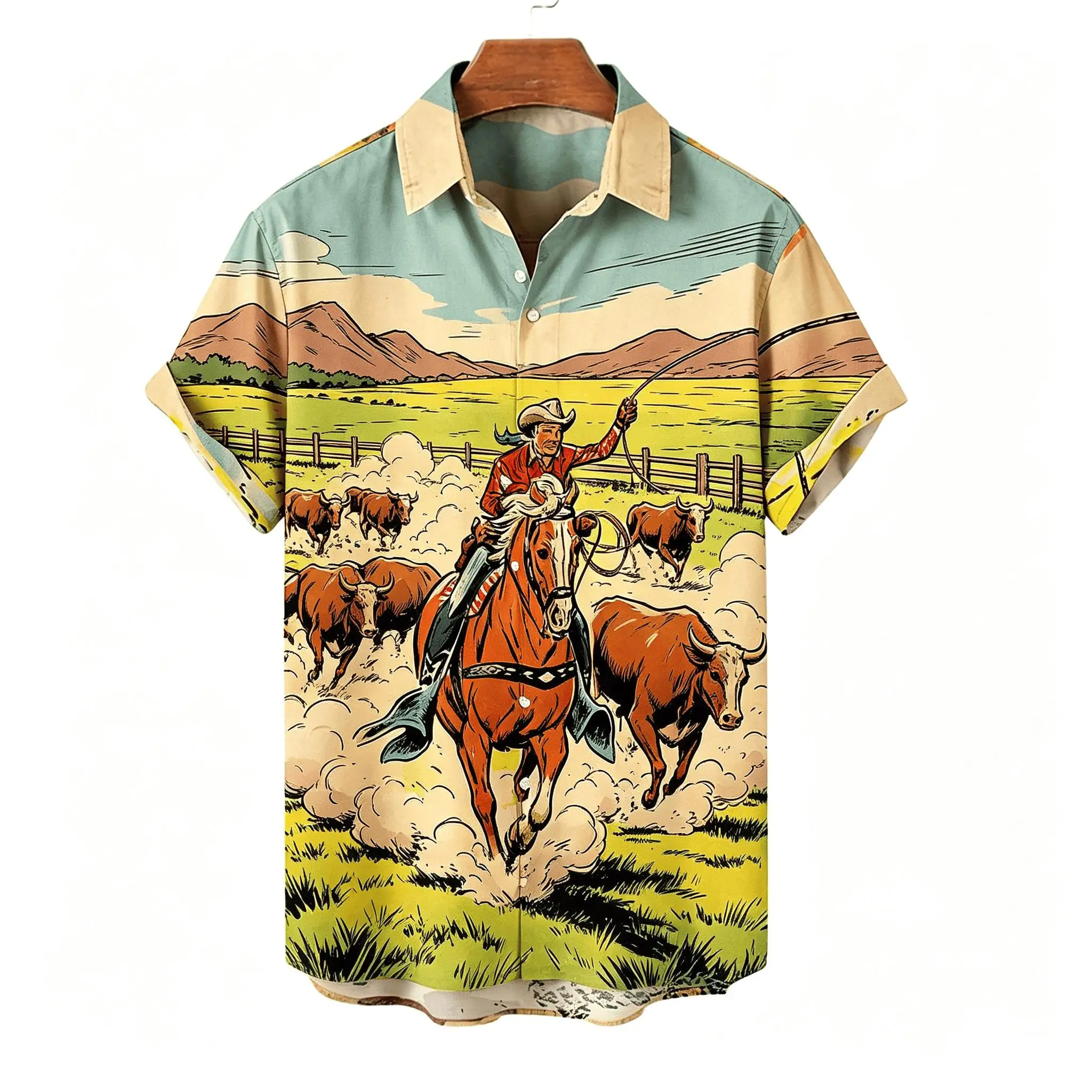 Herren Western Cowboy Rodeo Print Kurzarmhemd, Retro Comic-Stil, Lässiger Sommerurlaub