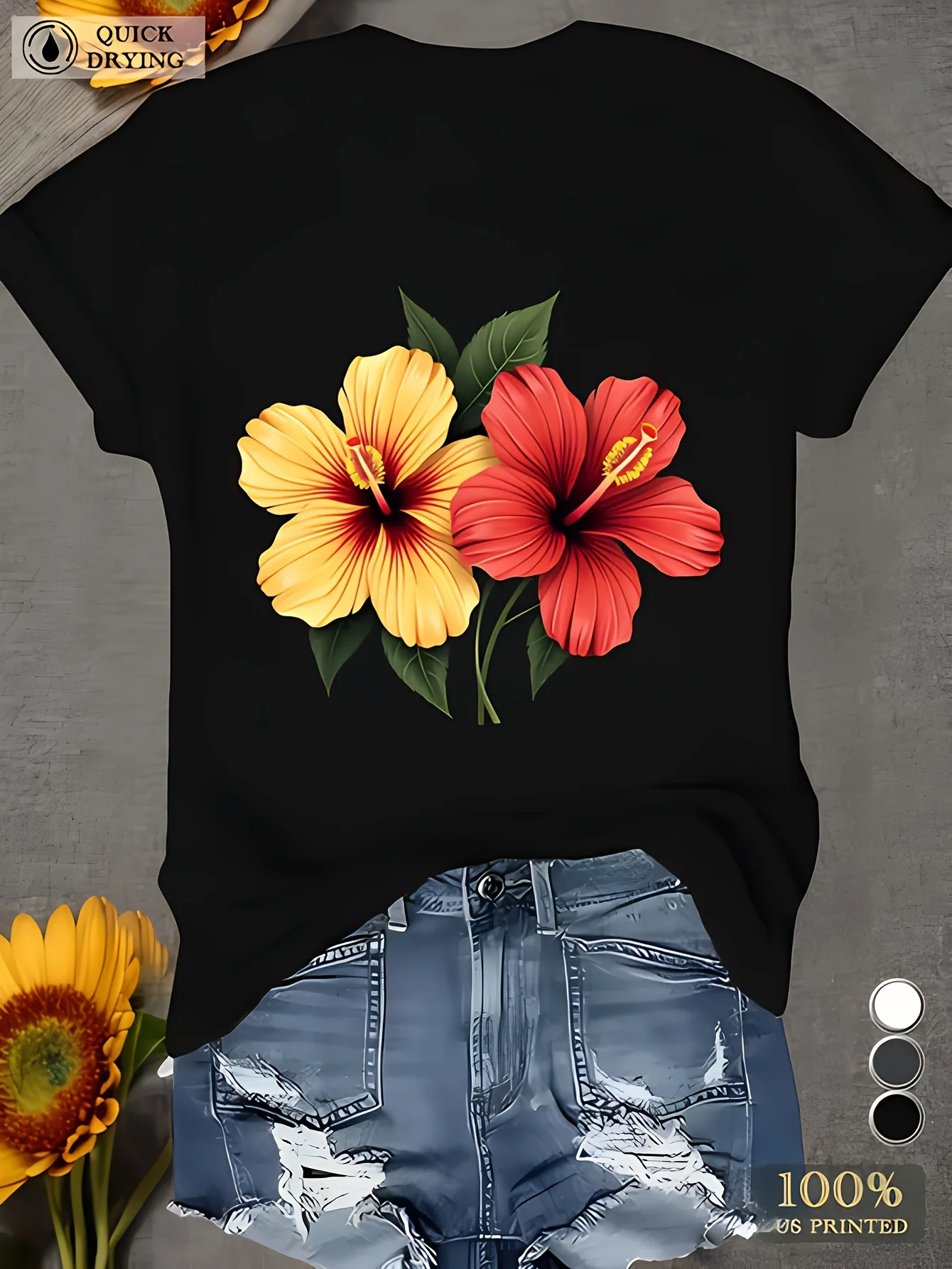 เสื้อยืดแขนสั้นคอกลมแห้งเร็วพิมพ์ลายดอกไม้สีสันสดใส - ดีไซน์พิมพ์ลาย 100% สำหรับชุดลำลองสตรี