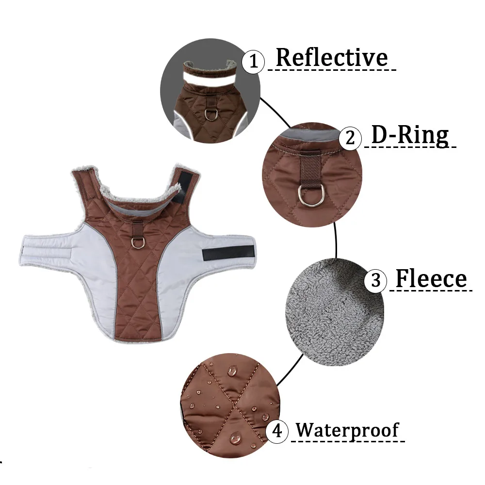 Winterwarme große Hundekleidung, reflektierende Haustierweste, dicke, mit Fleece gefütterte Jacke, Oberbekleidung für mittelgroße und große Hunde, Labrador, Mops. – Detail 12