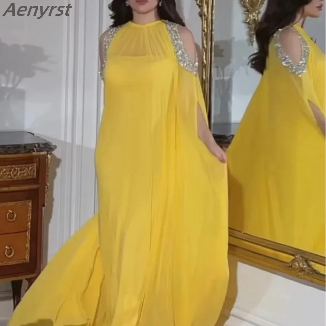 

Aenyrst Yellow Prom Dress Beaded O-Neck Long Sleeves Floor Length Party Gowns Saudi Arabric Chiffon Party Dresses فساتين السهرة