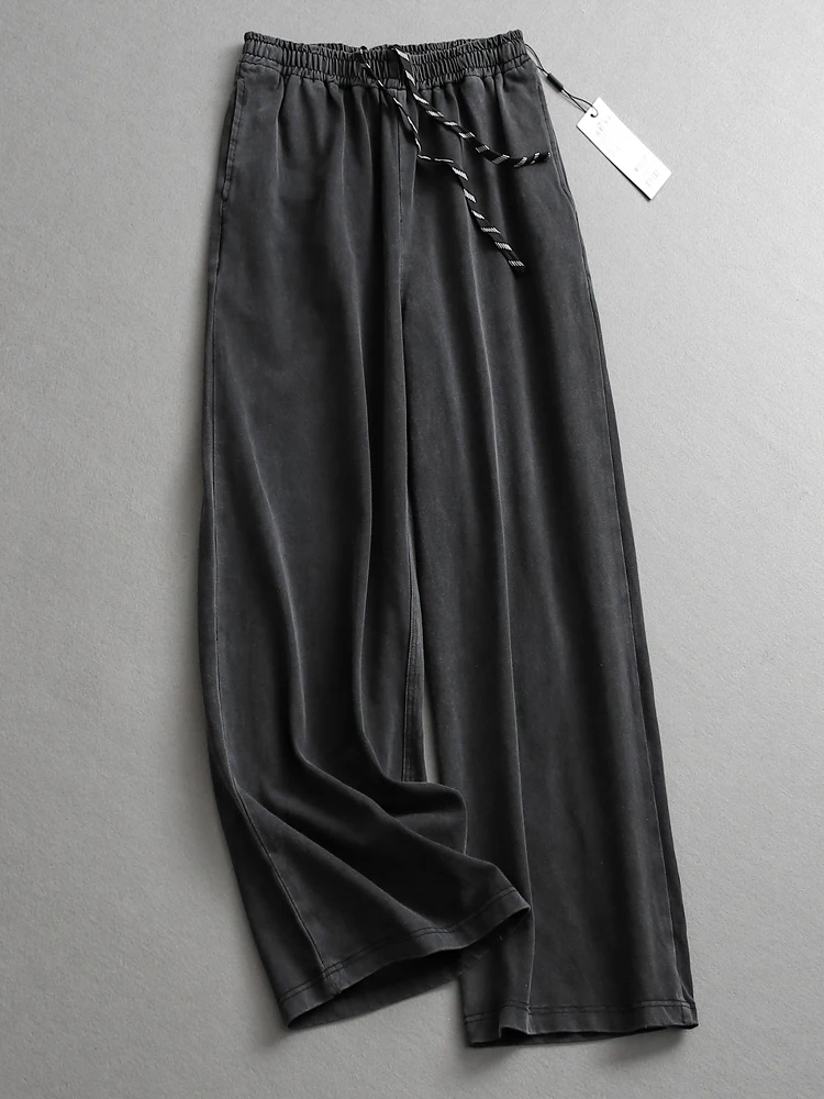 

Vintage Washed Loose Fit Drawstring Waist Straight Leg Pants Lengthening Leg Effect Casual Trousers for Women High Waist Long...