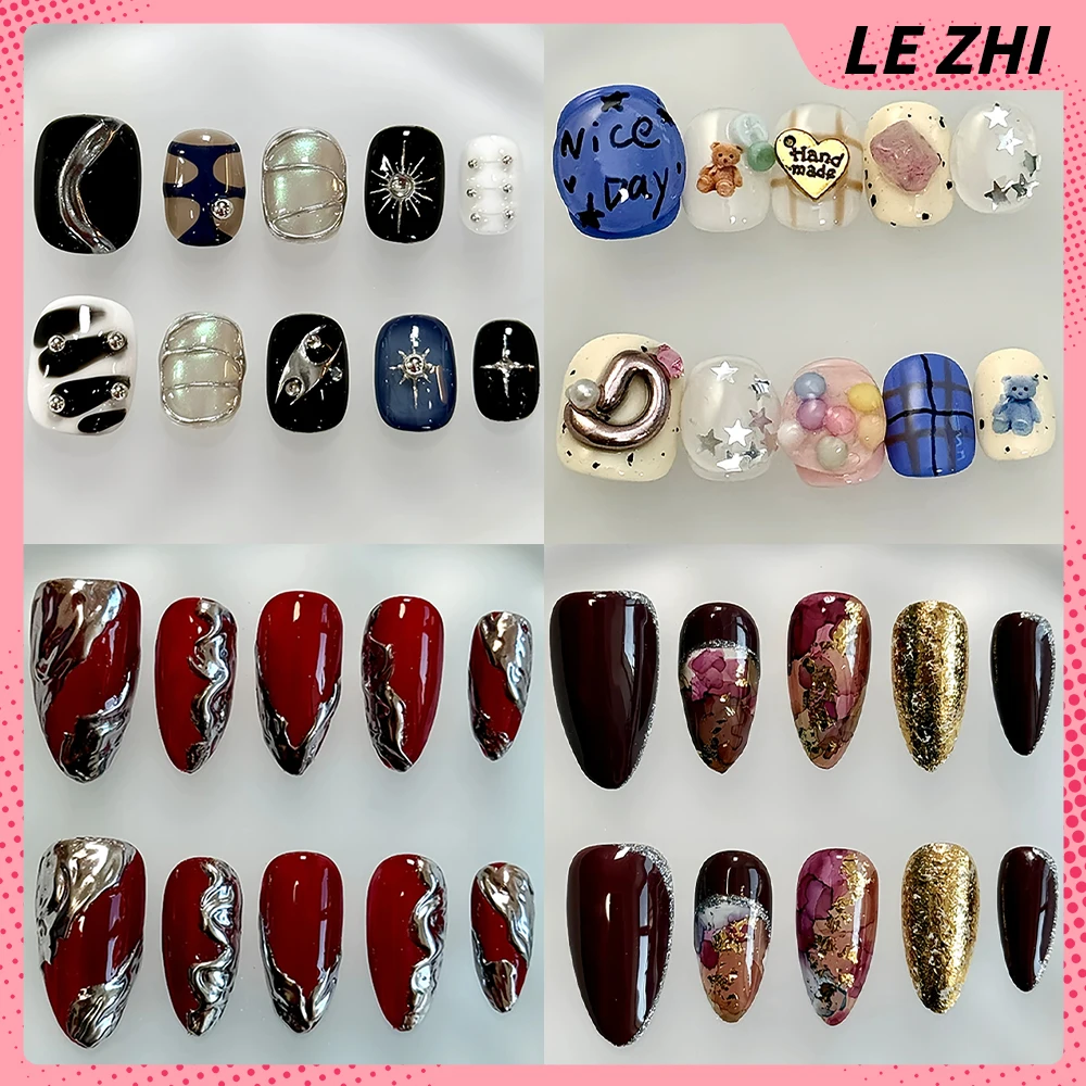 

10Pcs Spice Girl 3D Flowers Almond Handmade Wearable Press On Nails Water Drop Diamond Bowknot Short Square Round Fake Nails