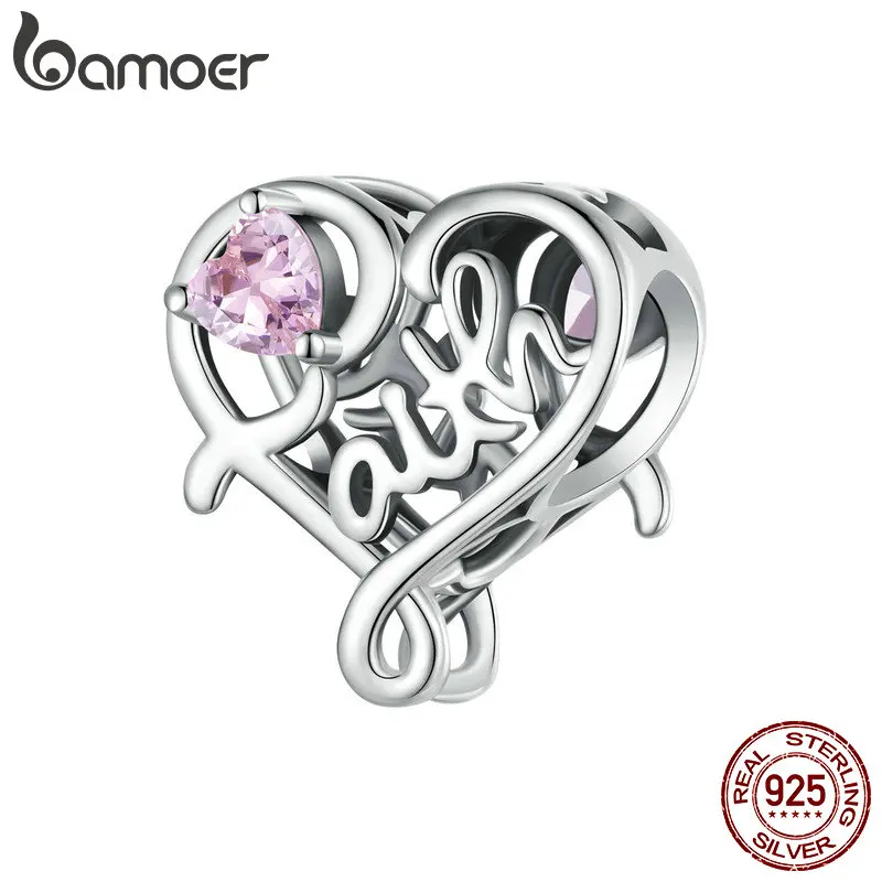 BAMOER Faith Charm for Women 925 Sterling Silver Cross Pendant Heart Shaped CZ Initial Pendant fit Charm Bracelet Christmas Gift