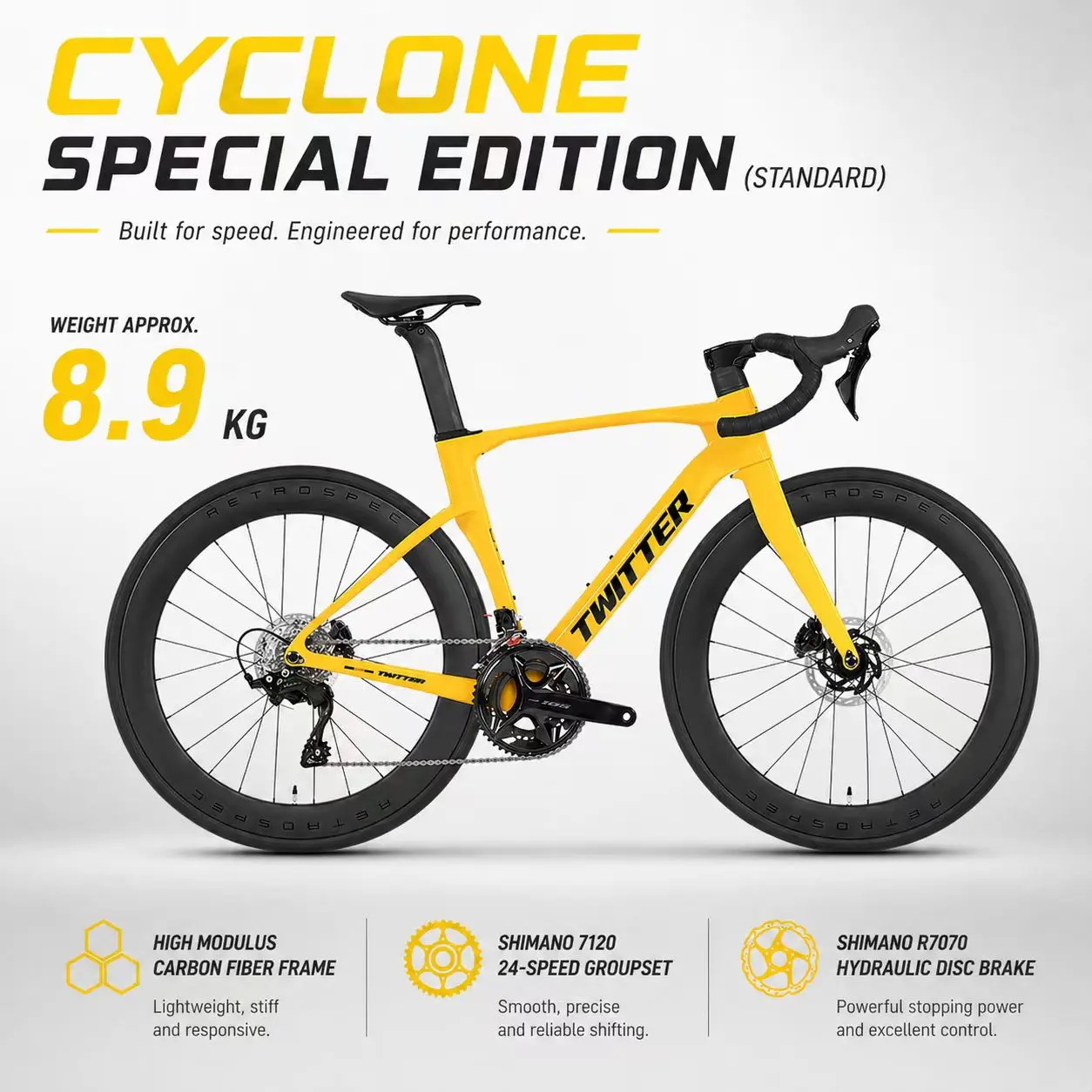 

TWITTER Cyclone Carbon Road Bike Shimano R7120 24-S Hydraulic Disc Brakes Aero Droplet Frame – Men's/Women's Universal Bicycle