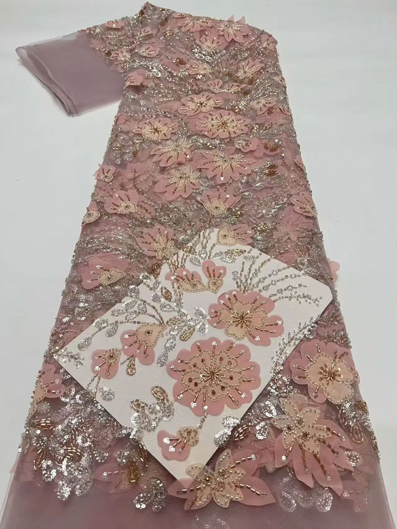 Luxury African 2026 French Flower Lace Fabric with Sequins Embroidery Beads Tulle 5 Yards High Quality Tulle Lace for Clothing