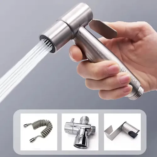 Imagen 2 del producto Pulverizador de bidé portátil para inodoro, soporte para pistola, grifo de bidé de lavado autolimpiante, válvula de pulverización de 3 vías, manguera de baño, cabezal de ducha