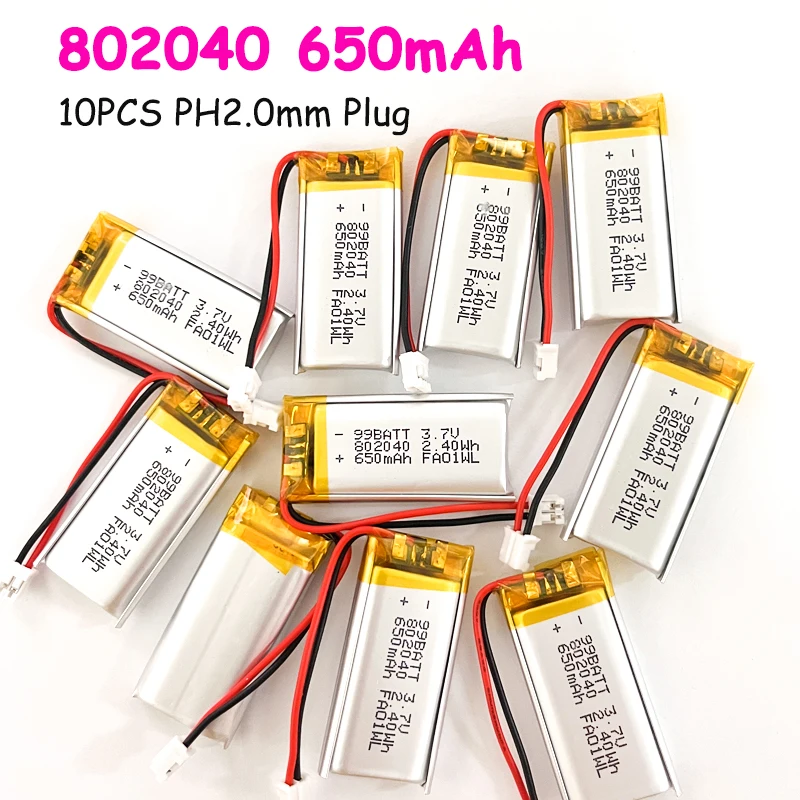 10 Stück 802040 Lipo-Akku 3,7 V 650 mAh Li-Polymer wiederaufladbare Lithium-Batterien für Smart-Armband, Audio-Lautsprecher, Handventilator