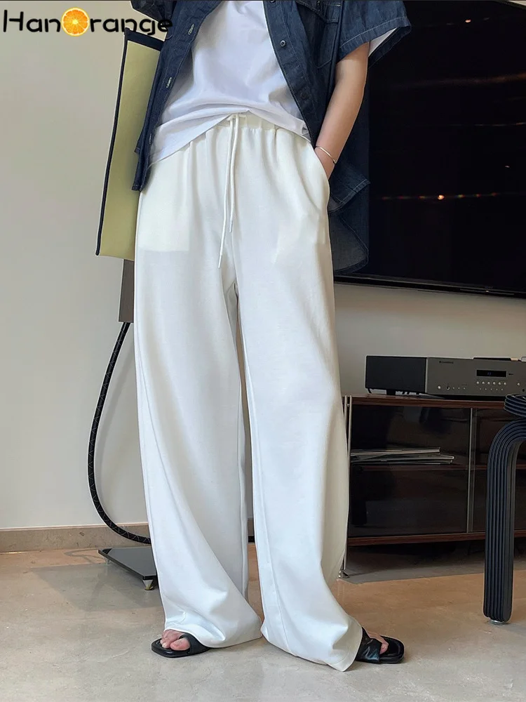 HanOrange 2024 Summer Simple Drape Air Layer Sweatpants Women High Waist Wide Leg Pants Loose Thin Drawstring Cool Trousers