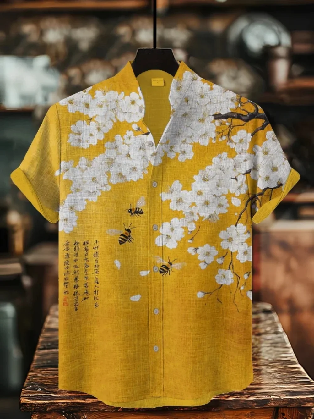 

Men's Vintage Printed Shirt Stand up Collar Short Sleeved Cardigan Casual Breathable Linen Outdoor Wear