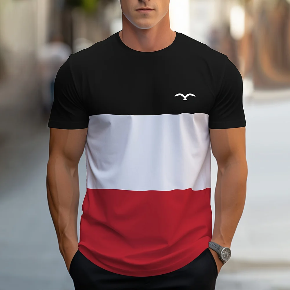 Fashion Splicing Stripes Print T Shirt For Men Comfortable O-neck Short Sleeve Pullover Casual Breathable Loose Tops Street Tees