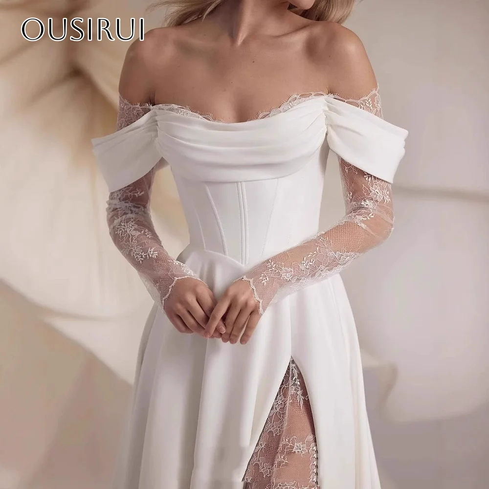 오프숄더 프롬 드레스 레이스 긴 소매 쉬폰 스윕 트레인 코르셋 백 플리츠 파티 가운 맞춤형 웨딩 드레스