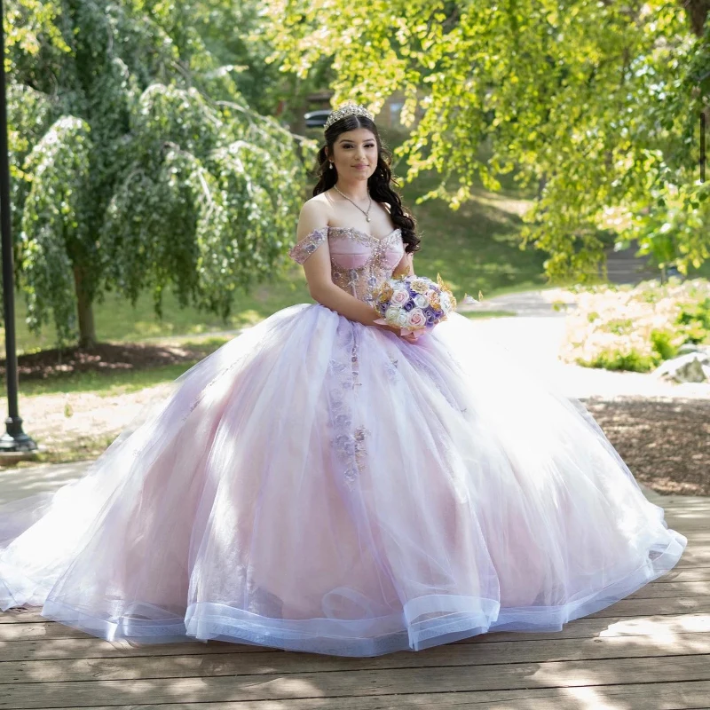 Vestido para quinceañeras con corsé rosa personalizado, apliques De encaje con cuentas y hombros descubiertos para niñas, 16 Vestidos De 15 anos YQD280 2023