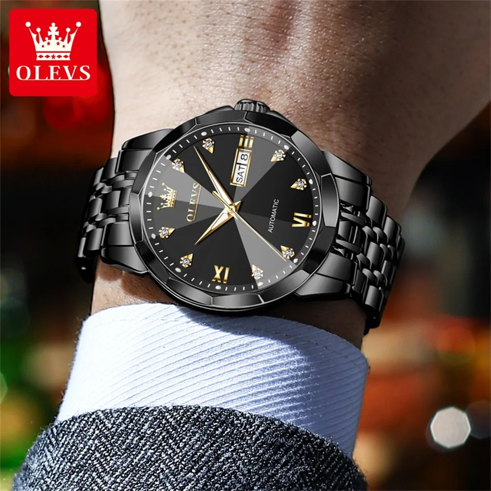 ساعة ميكانيكية OLEVS للرجال ، أصلية ، مرآة معينة ، مقاومة للماء ، مضيئة ، تاريخ الأسبوع ، أوتوماتيكي ، فولاذ مقاوم للصدأ