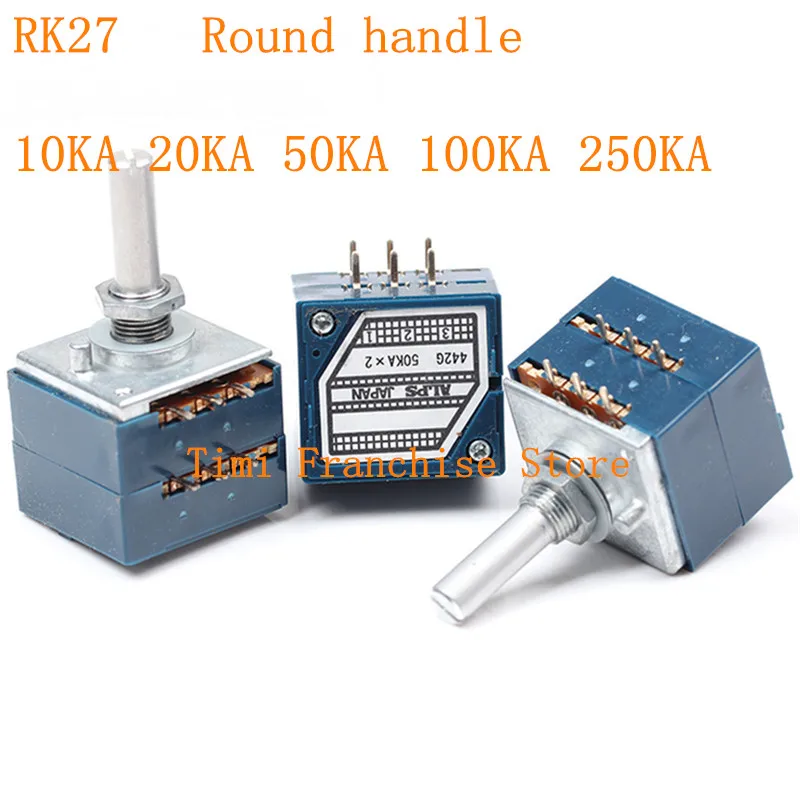 

1PCS 100% NEW ALPS RK27 Volume LOG Stereo Potentiometer 2-gang Dual RK27 10K/20K/50K/100K/250KA X2 Potentiometer Round handle