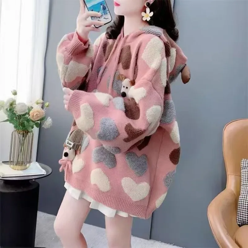 

heart-shaped jacquard hooded sweater for plus-size chubby girls new loose and thickened knitted coat women in autumn and winter