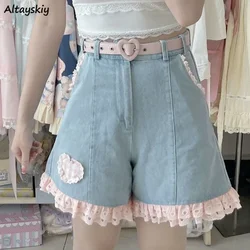 Shorts Women Denim Spliced Sweet Summer Girlish Ulzzang Hot Streetwear High Waist Vintage Chic Aesthetic Lace Designed Harajuku