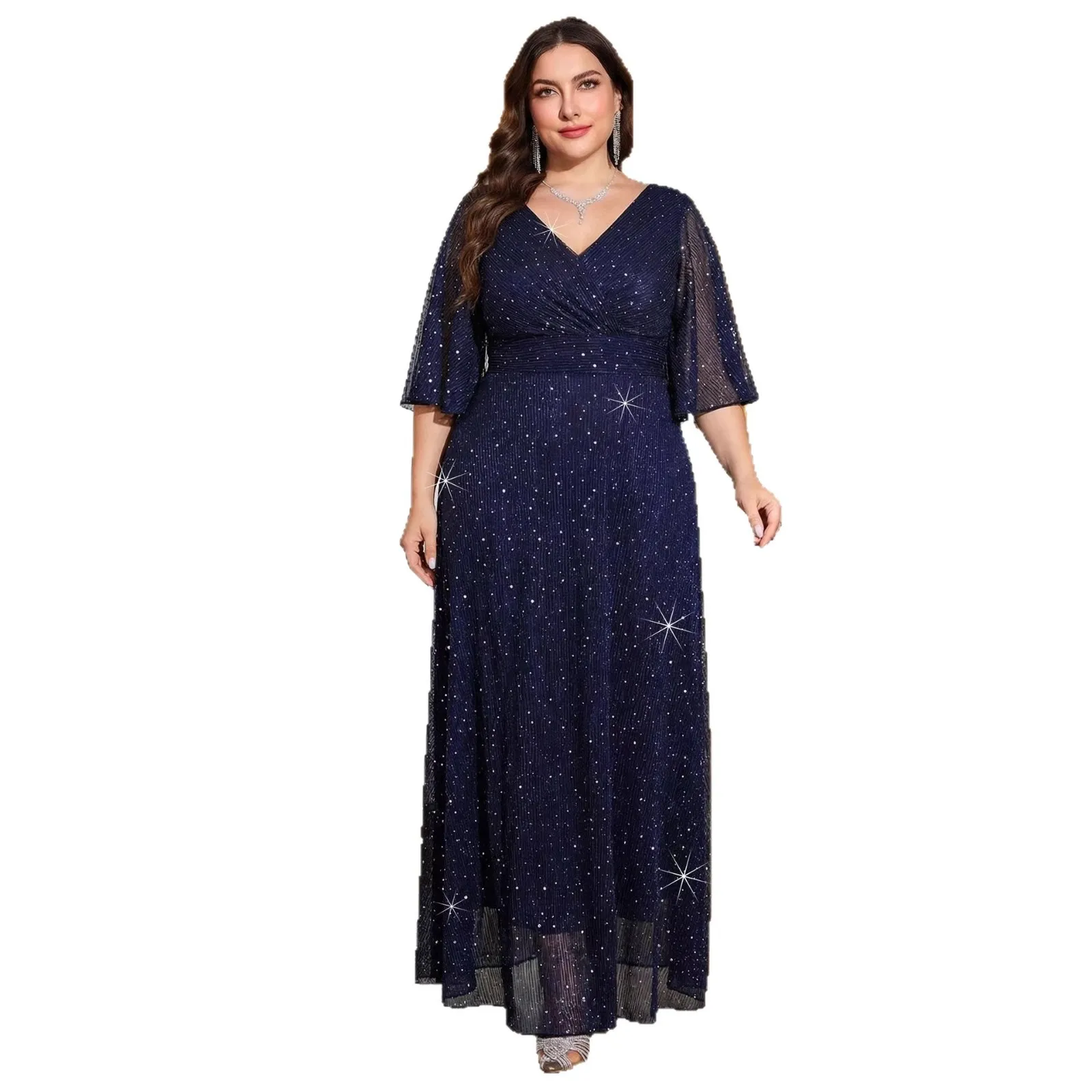 Stunning V-neck Sequined Ruched Long Formal Evening Party Plus Size Dress With Half Sleeves