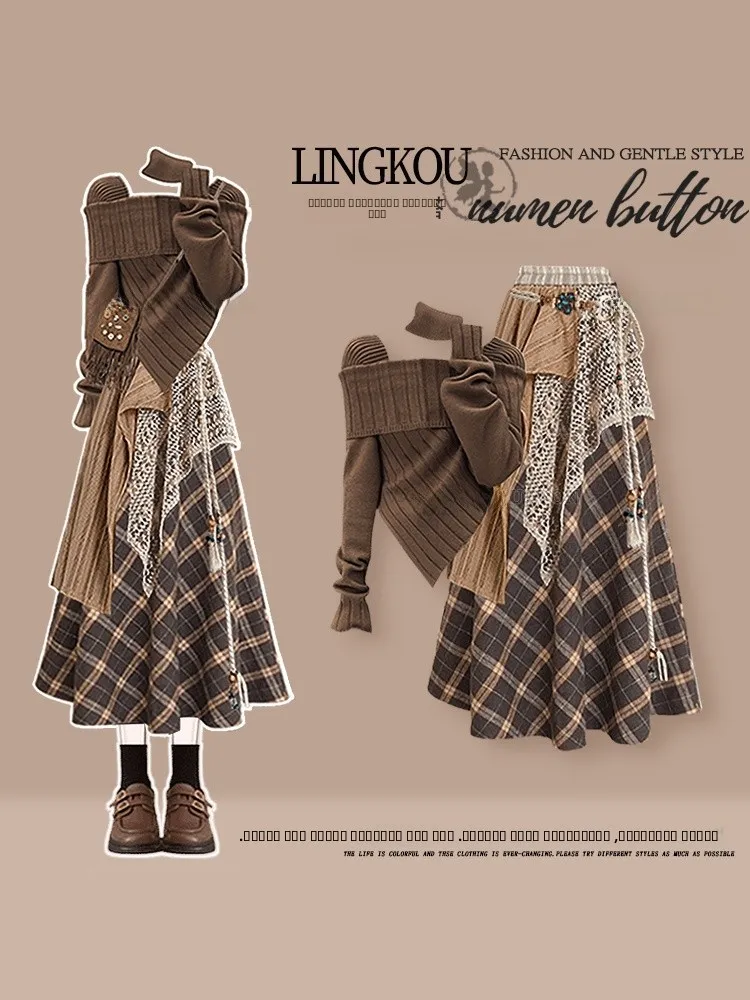 

Осенний комплект футболок большого размера на тему русалки для женщин с вязаным свитером и клетчатой юбкой, дизайн с высокой талией