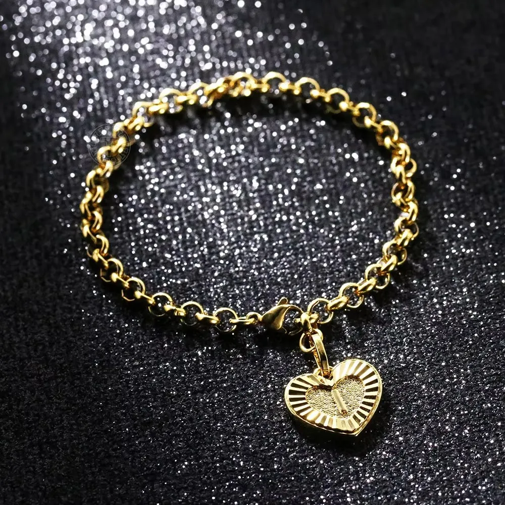 5mm Gold Color Stainless Steel Heart Shaped Initial Letter A Z Charm Bracelet for Women Girls Rolo Link Chain Adjustable Jewelry