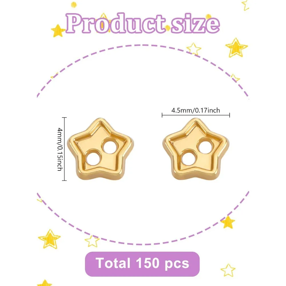 150Pcs Golden Mini Star Buttons 4x4.5x1mm DIY Clothes Sewing Buttons 2-Hole Alloy Star Buttons with 0.7mm Hole for Clothing DIY