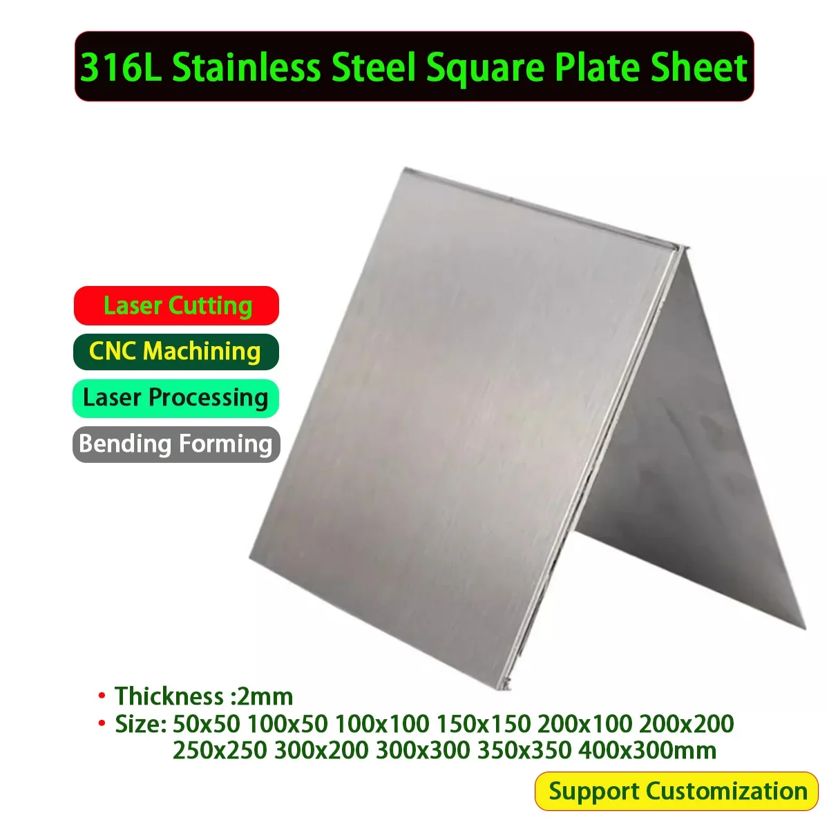 

316L Stainless Steel Square Plate Sheet Thick 2mm Size 50x50 100x50 100x100 150x150 200x100 200x200 250x250 300x300 400x300mm