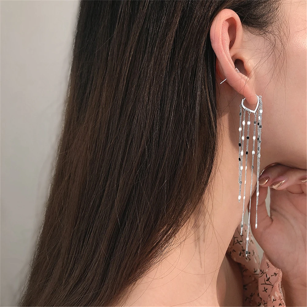 Pure Silver 925 Earrings For Women Long Tassel Hoop Ear Cuff Brincos Femme Pendientes Mujer Wedding Jewelry Accessories Gifts