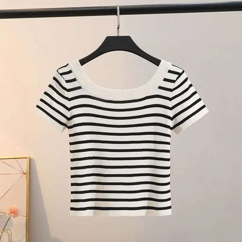 

Полосатая футболка женская летняя мода с коротким рукавом U-образным вырезом ледяной шелк вязаный укороченный топ