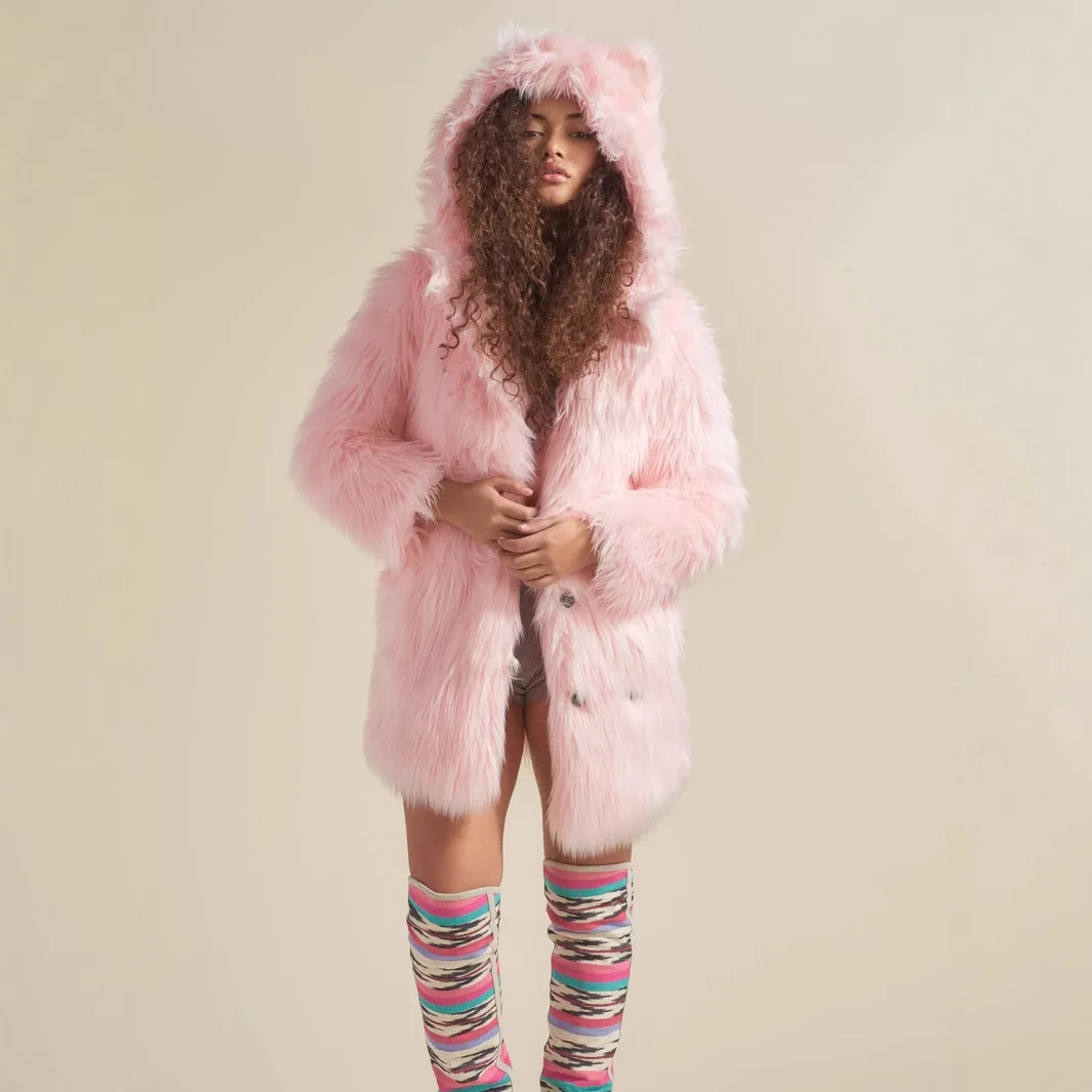 KIDCRKJ الشتاء النساء فو الثعلب الفراء سترة الوردي منتصف طول الأذن مقنعين الإناث معطف الفرو البيئي مزاجه سيدة معطف فرو منك