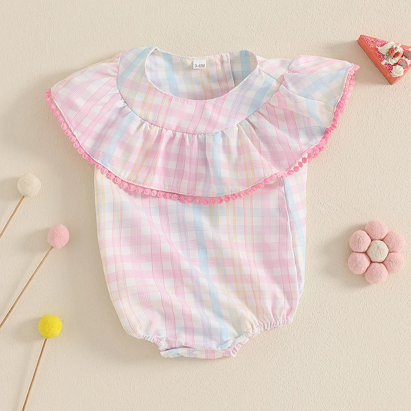 Adorable Toddler Girls Sleeveless Romper with Round Neckline and Colorful Rainbow Plaid Design for a Stylish Summer Look