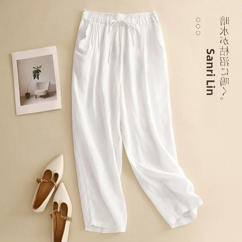 الرجعية مطوي اللون القطن الكتان سليم صالح عارضة السراويل مرونة الخصر السراويل الطويلة ل زائد حجم النساء لباس غير رسمي