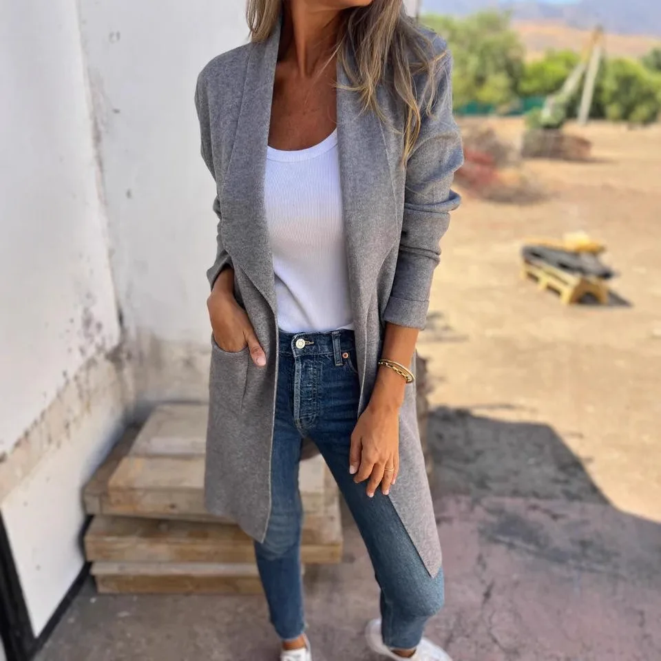 Cardigan leggero con risvolto con tacca per donna Cappotto in maglia medio-lungo aperto sul davanti Capispalla sottile 2026