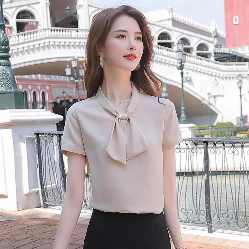 Short Sleeve Oversized V-Neck Bow Chiffon Shirt Summer Loose Fashion Elegant Women\'s Blouse Casual Commute Pullovers Blouse 5XL