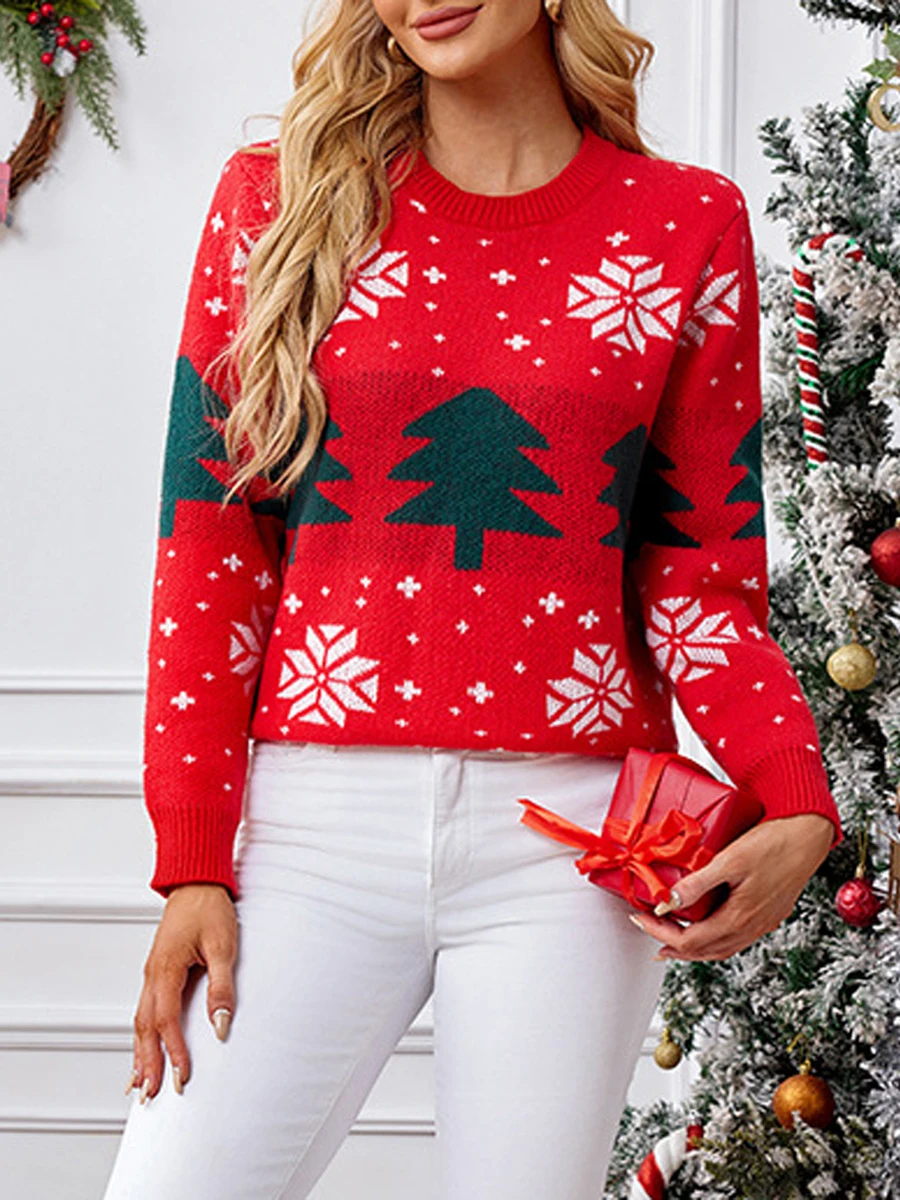 Women s Festive Reindeer Patterned Long Sleeve Round Neck Knit Sweater with Ribbed Cuffs and Hem for Winter Holiday Parties