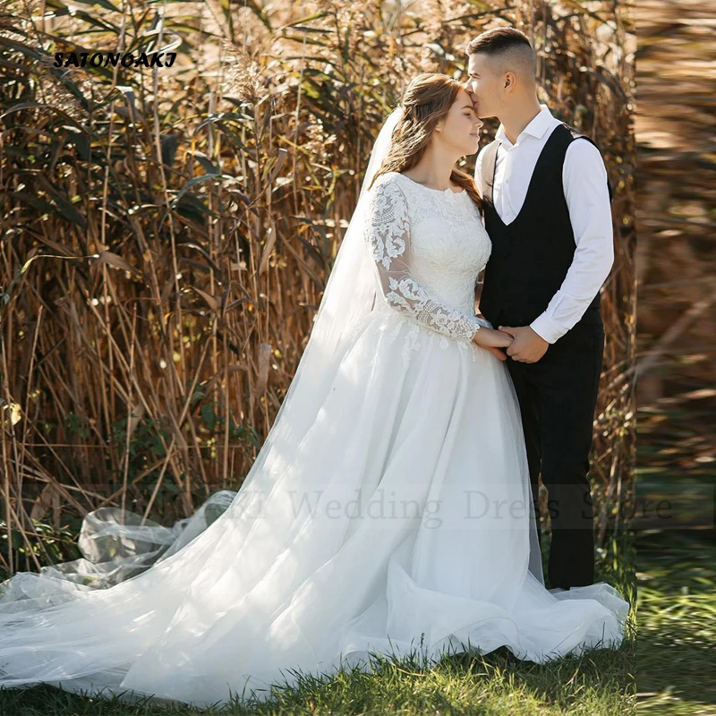 Elegantes vestidos de noiva boho, manga comprida, o pescoço, renda, apliques, vestido de noiva de praia, personalizado, 2021