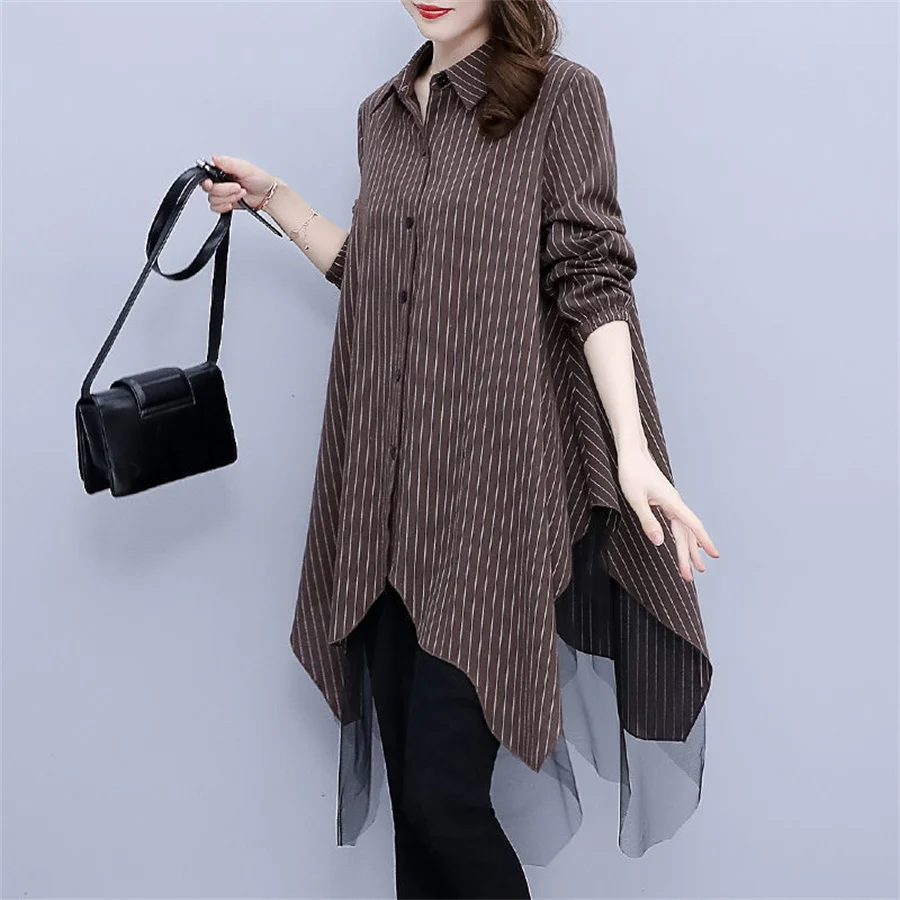 Women\'s Striped Shirts 2022 Elegant Asymmetrical Tops Casual Long Sleeve Blusas Female Button Patchwork Tunic Oversized