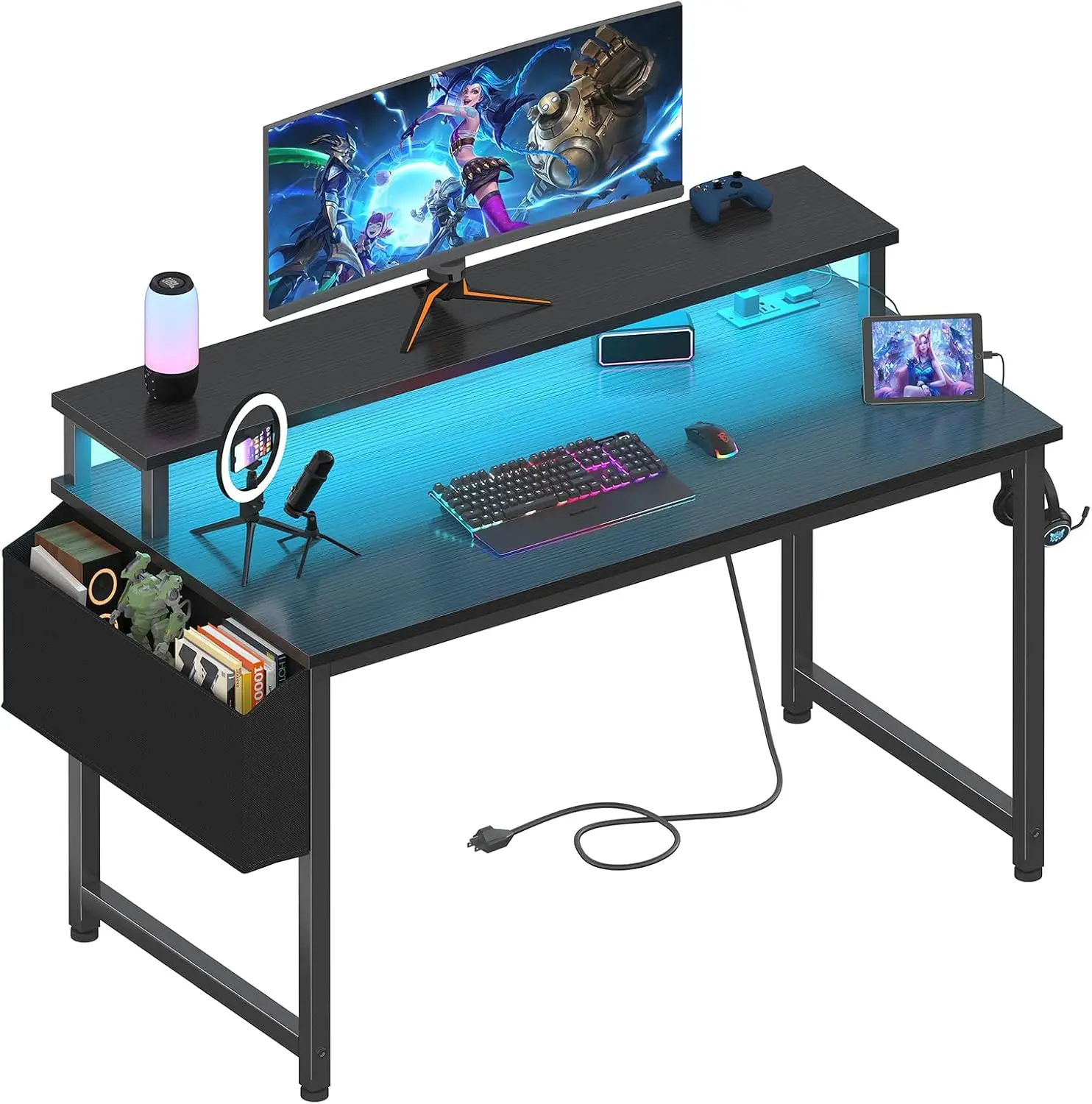 

Black Gaming Desk with LED Lights and Power Outlets, 40 Inch Teen Writing Study Table Home Office Desks with Monitor Stand