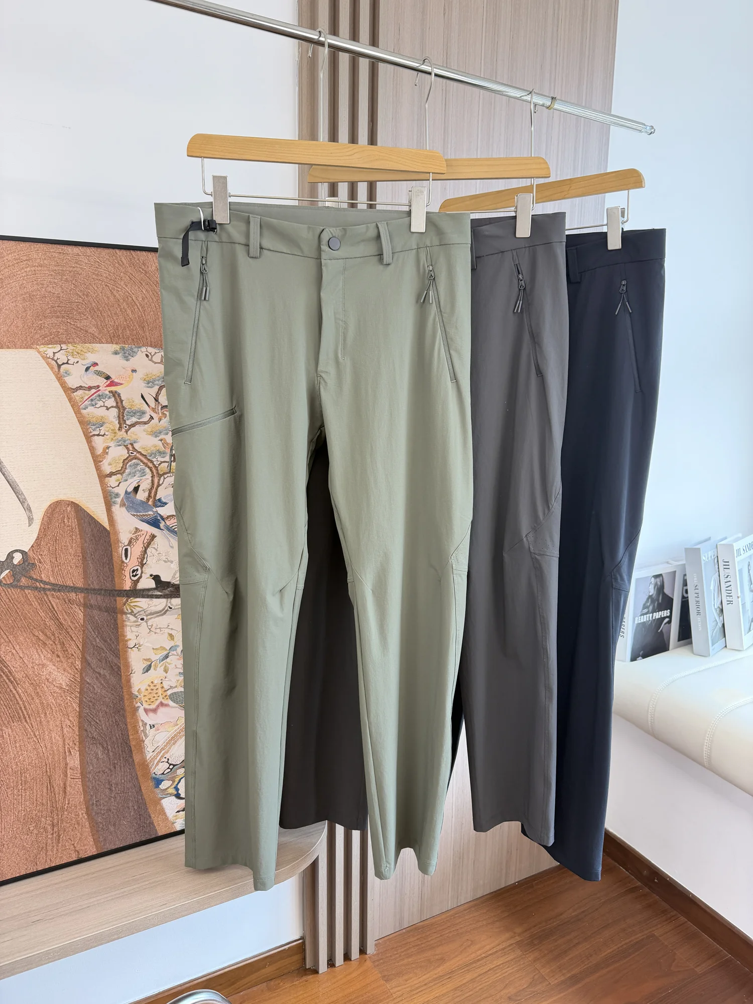 

Black Tech Five-Proof Fabric Quick-Dry Function Outdoor Men's Casual Straight Leg Trousers Spring Summer Knitted Button Style