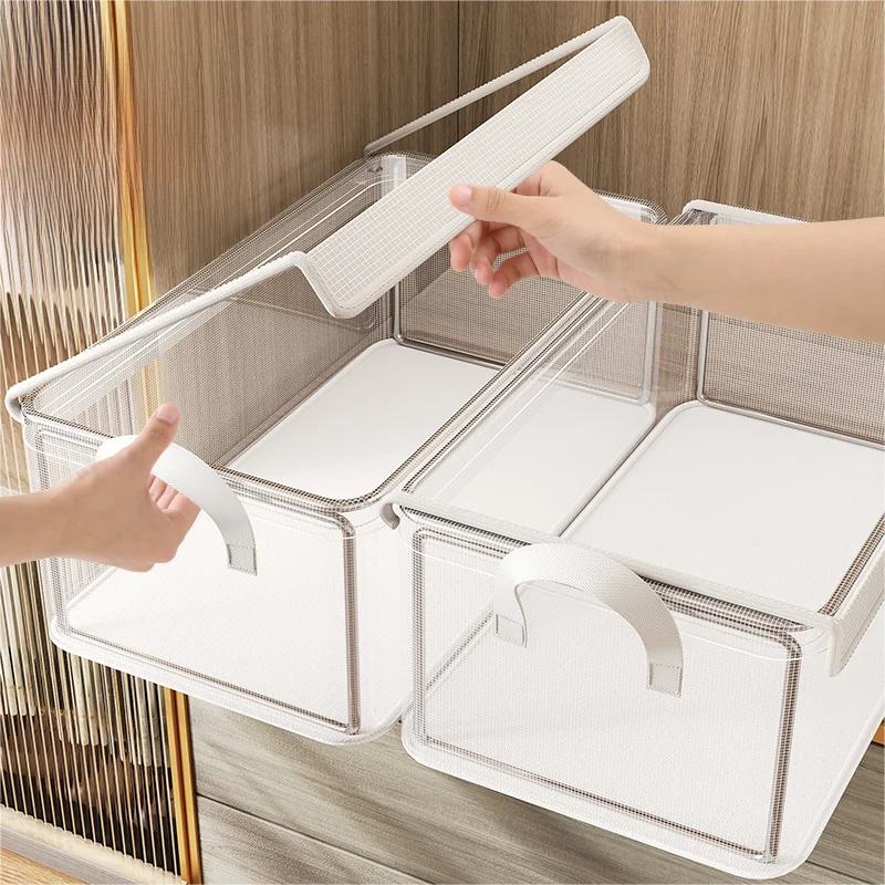 

Transparent Clothing Storage Box Home Wardrobe Layering Tool with Cover Organizer Box for Clothes And Pants Storage Basket
