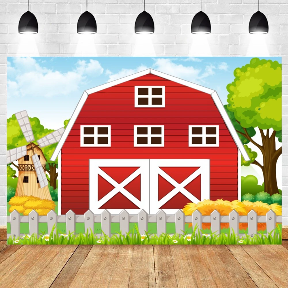 Cartoon Farm Red Barn Photo Background Rural Farm Animal Wooden Fence Baby Birthday Party Decor Photography Backdrop Props