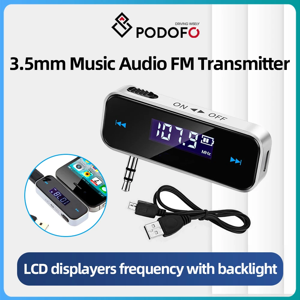 Podofo 3.5mm In Car Music Car Audio Kit With FM Transmitter LCD Display Mini Wireless Modulator FM Handsfree For Android Phone